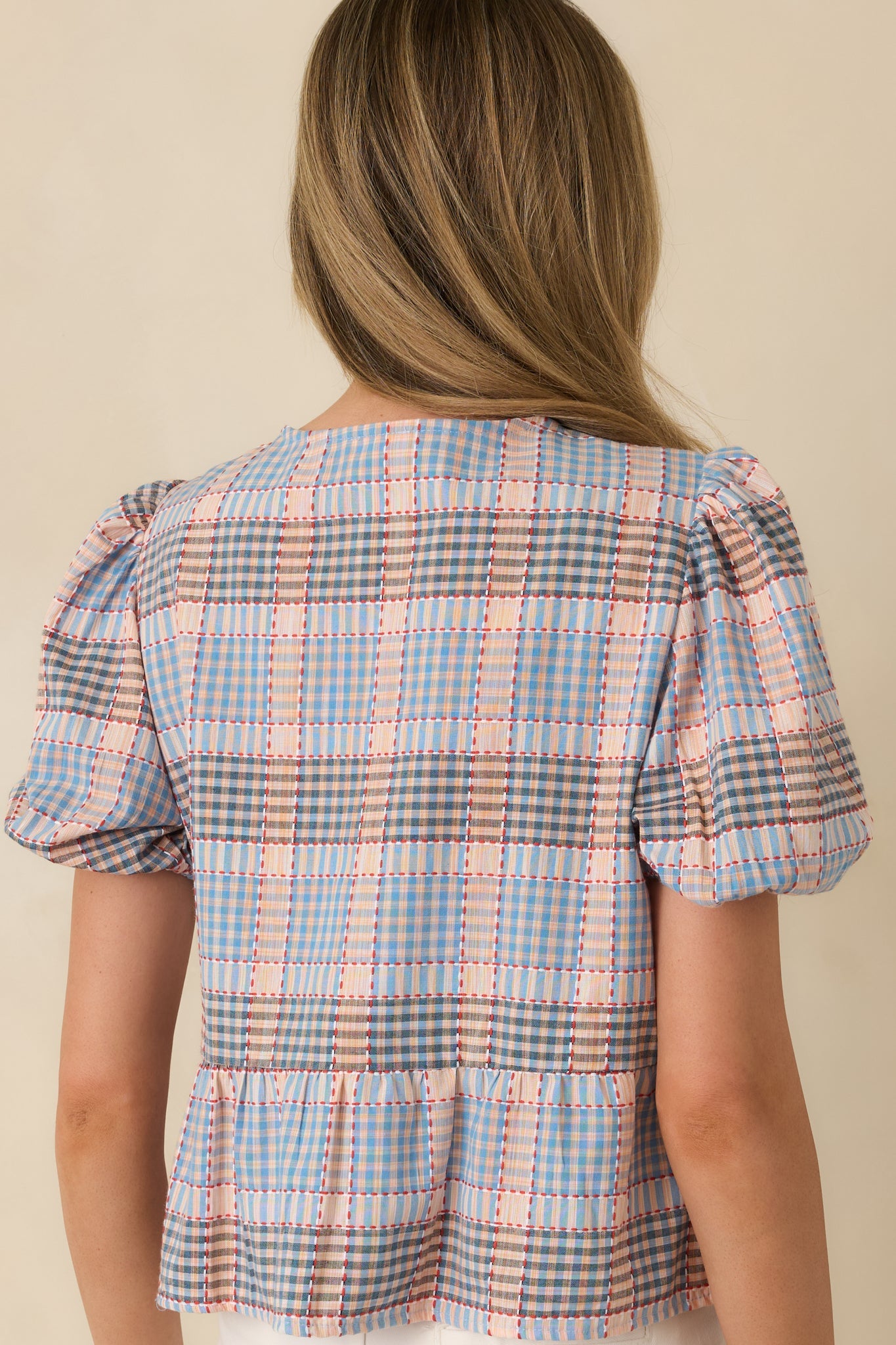 Thoughtfully Yours Blue Multi Cotton Tie-Front Peplum Top