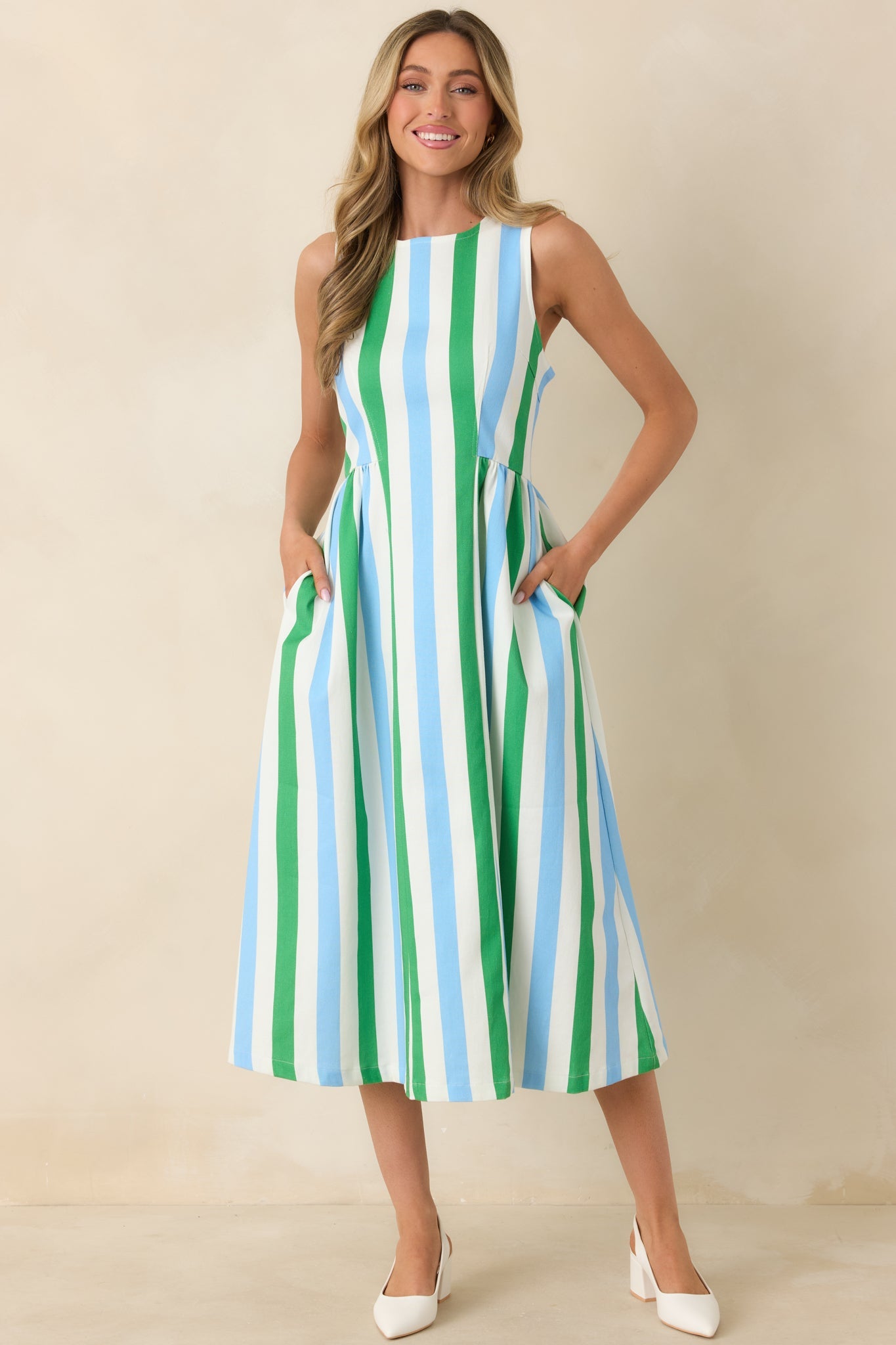 All the Energy Blue Multi Stripe Cotton Sleeveless Midi Dress