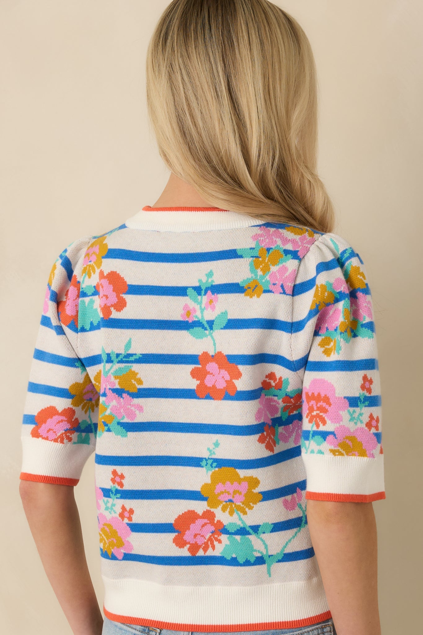 Flower Market Morning Blue Multi Floral Stripe Short Sleeve Sweater