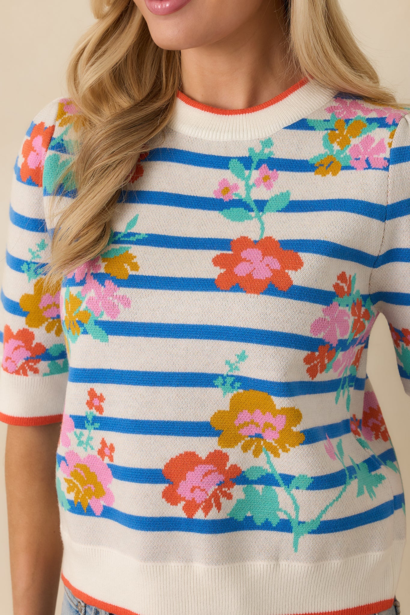 Flower Market Morning Blue Multi Floral Stripe Short Sleeve Sweater
