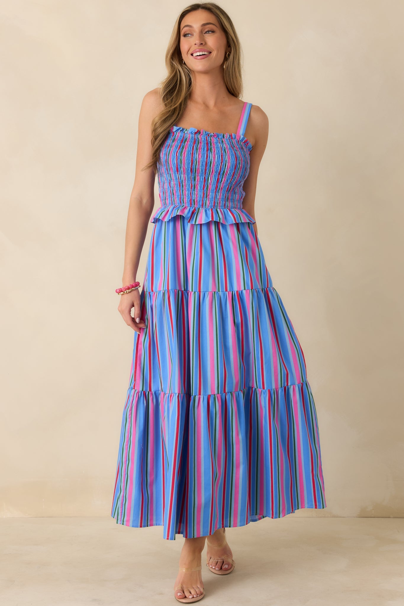 Sunny Side Up Blue Multi Stripe Cotton Smocked Tiered Maxi Dress