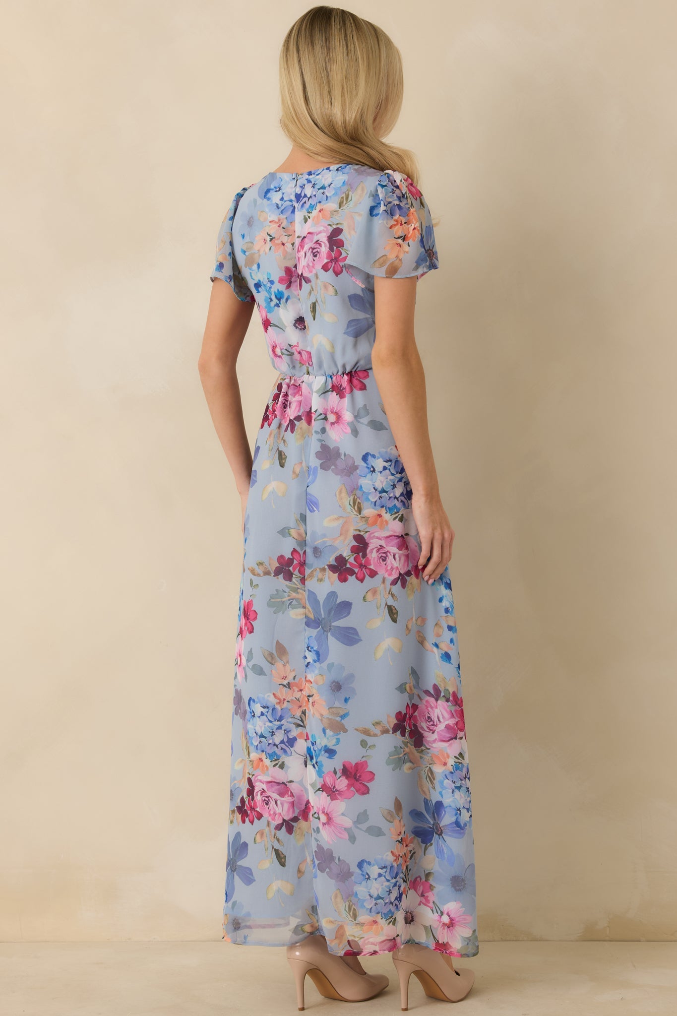 Fate Finds a Way Blue Multi Floral V-Neck Flutter Sleeve Maxi Dress