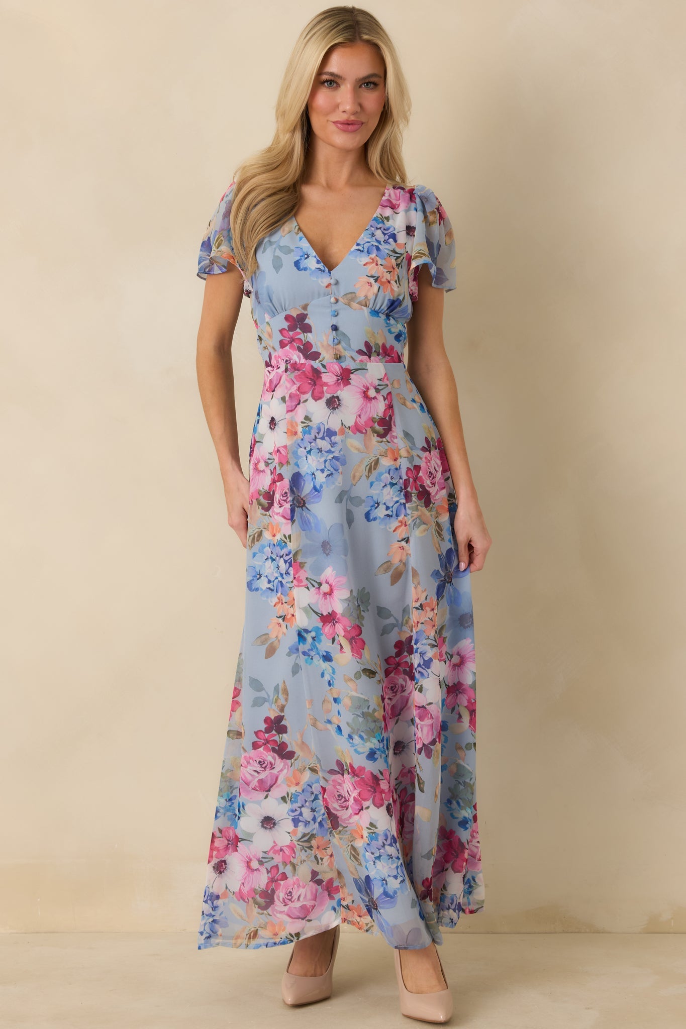 Fate Finds a Way Blue Multi Floral V-Neck Flutter Sleeve Maxi Dress