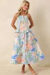 Summer Sketchbook Blue Multi Floral Button-Front Peplum Top