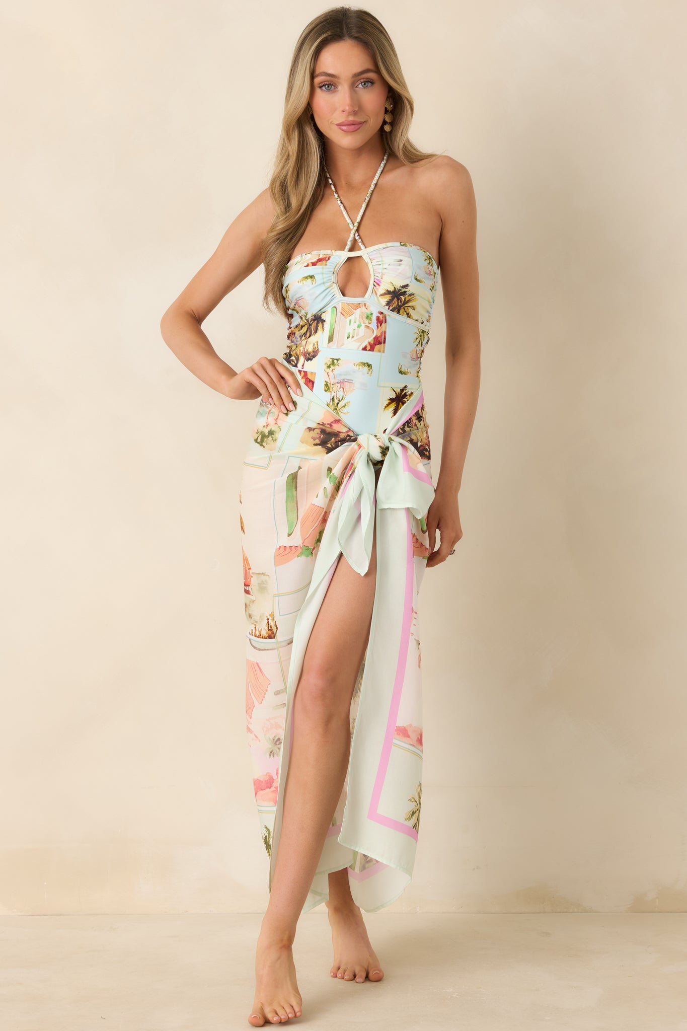 MINKPINK Dolce Multi Vintage Postcard Print One Piece Swimsuit