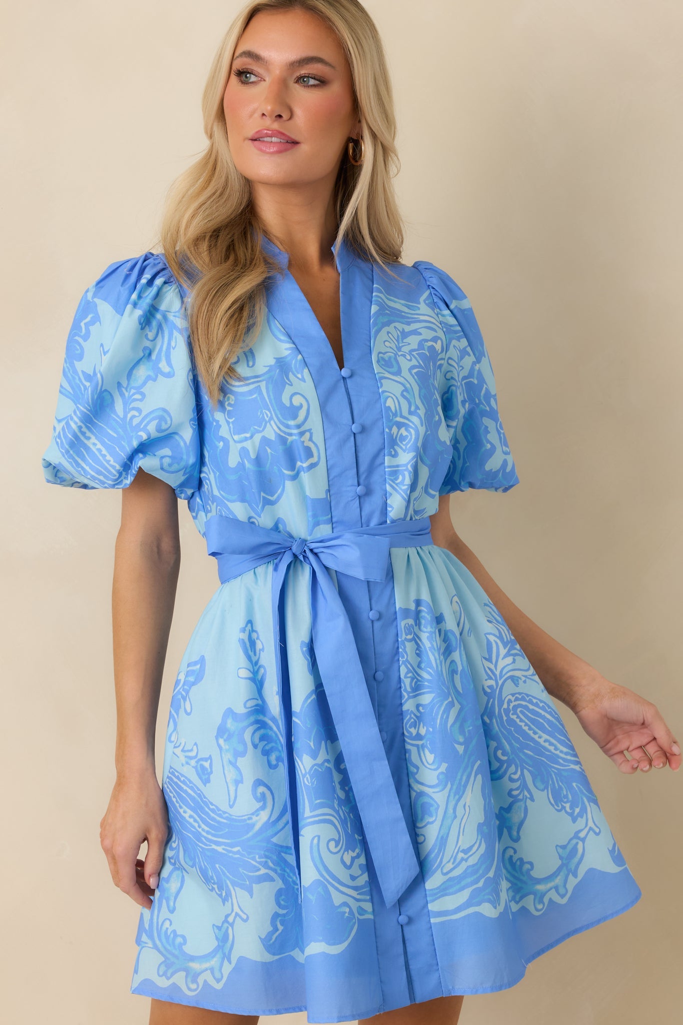 Something in the Air Blue Cotton Paisley Belted V-Neck Mini Dress