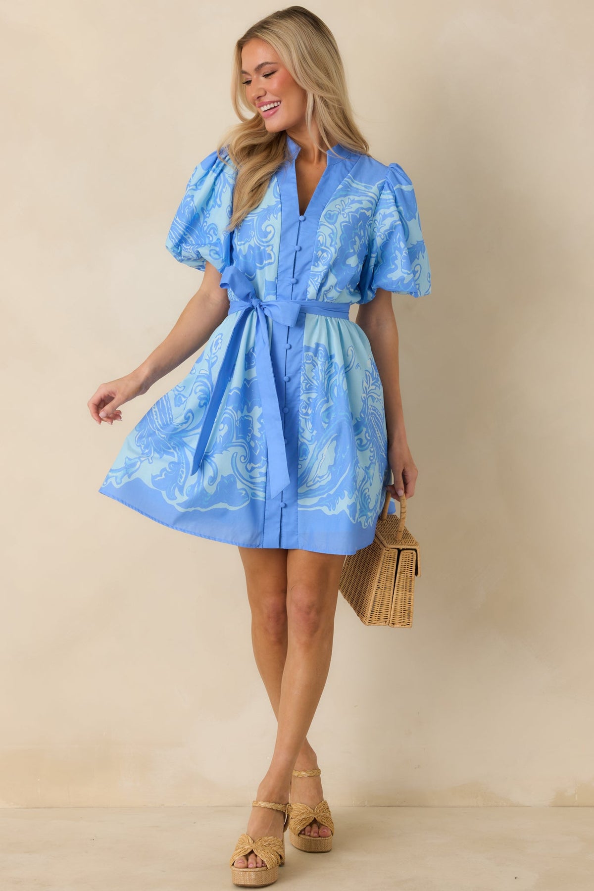Something in the Air Blue Cotton Paisley Belted V-Neck Mini Dress