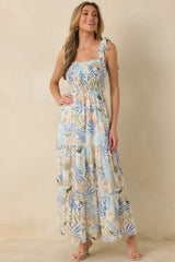 Shoreline Sonata Blue Multi Palm Print Tie Strap Tiered Maxi Dress