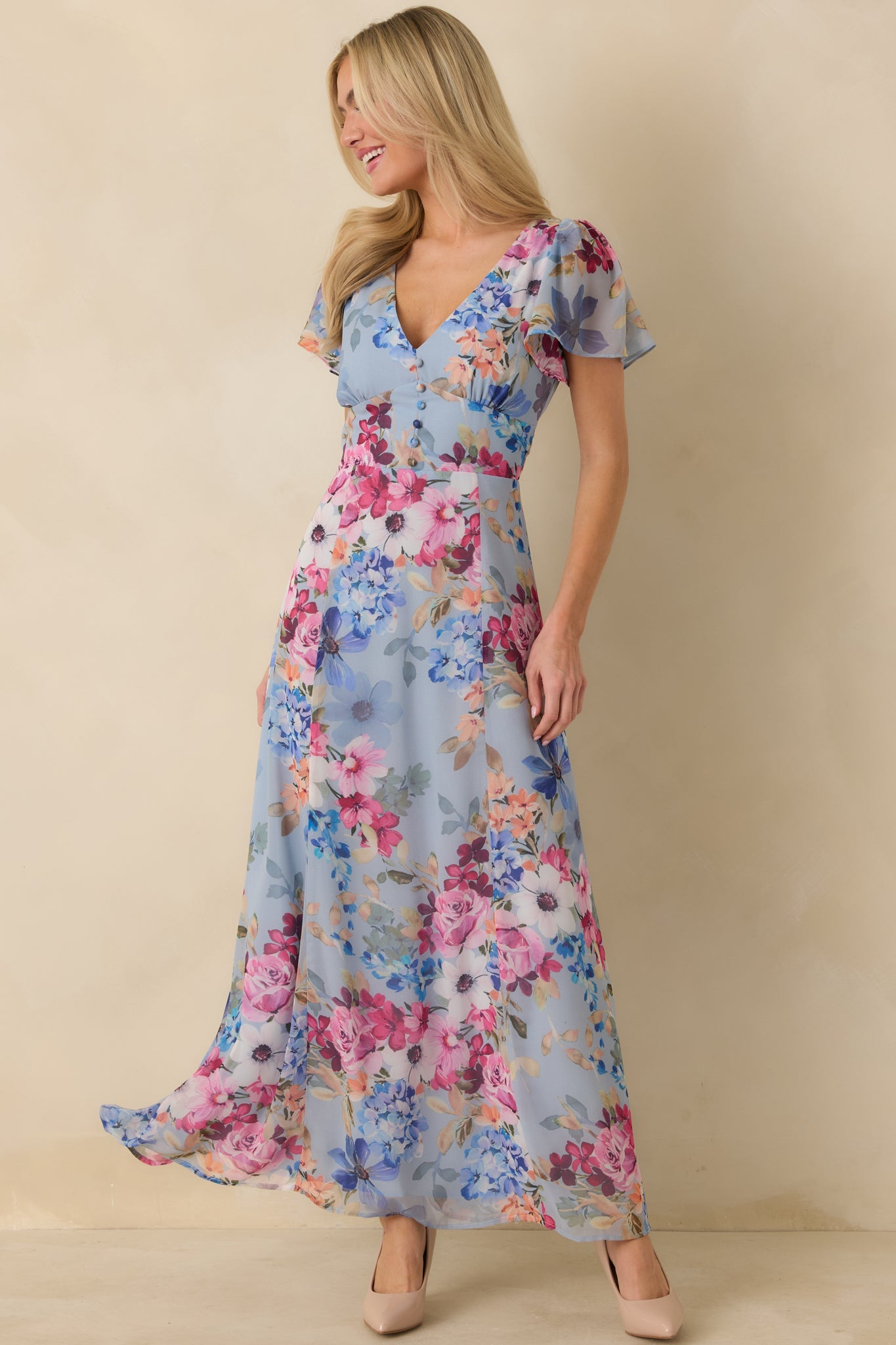 Fate Finds a Way Blue Multi Floral V-Neck Flutter Sleeve Maxi Dress