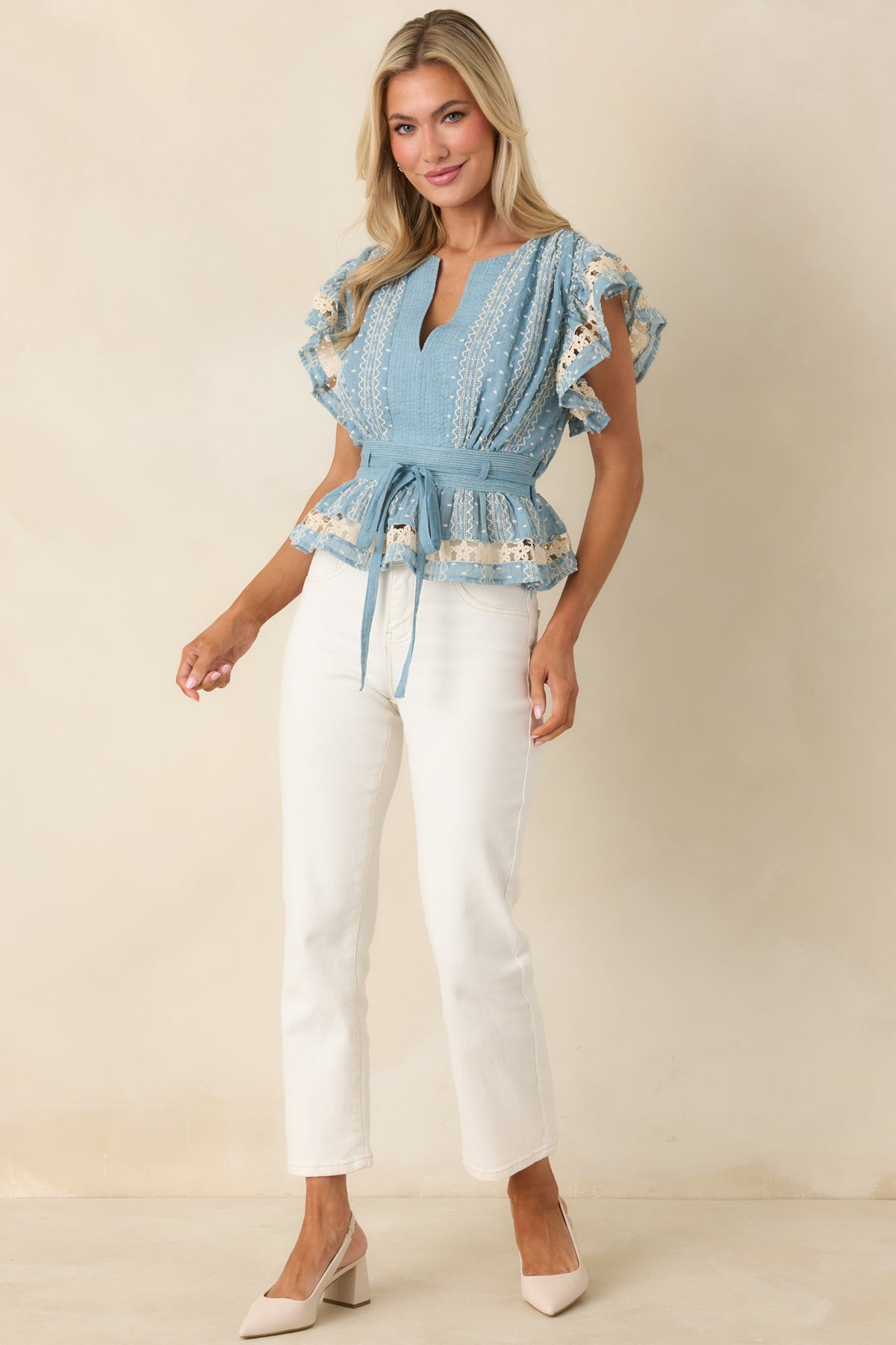 Soft Serenity Blue Flutter Sleeve Peplum Top