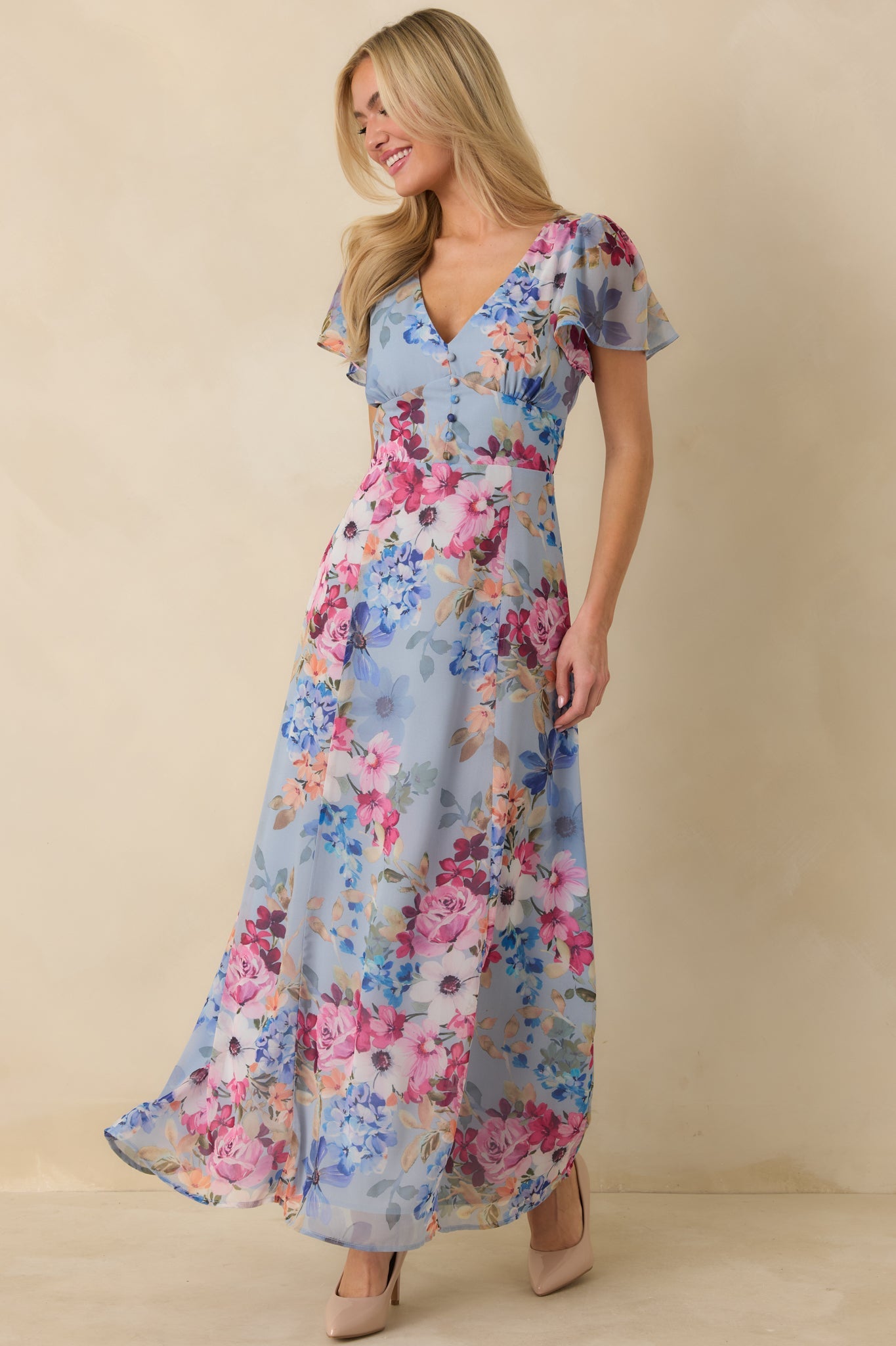 Fate Finds a Way Blue Multi Floral V-Neck Flutter Sleeve Maxi Dress
