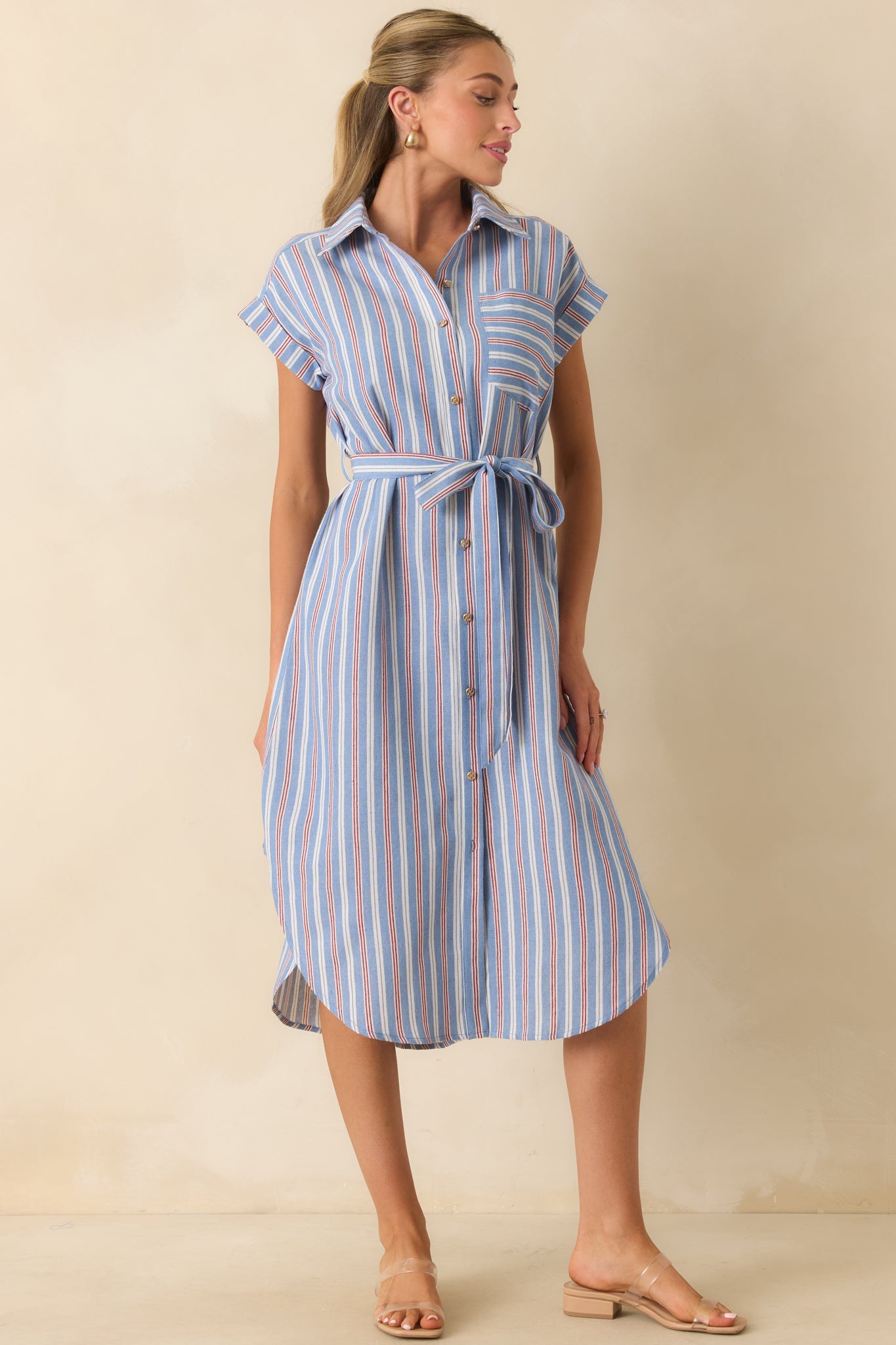 Prosperina Jules Blue & Red Stripe Cotton Midi Shirt Dress