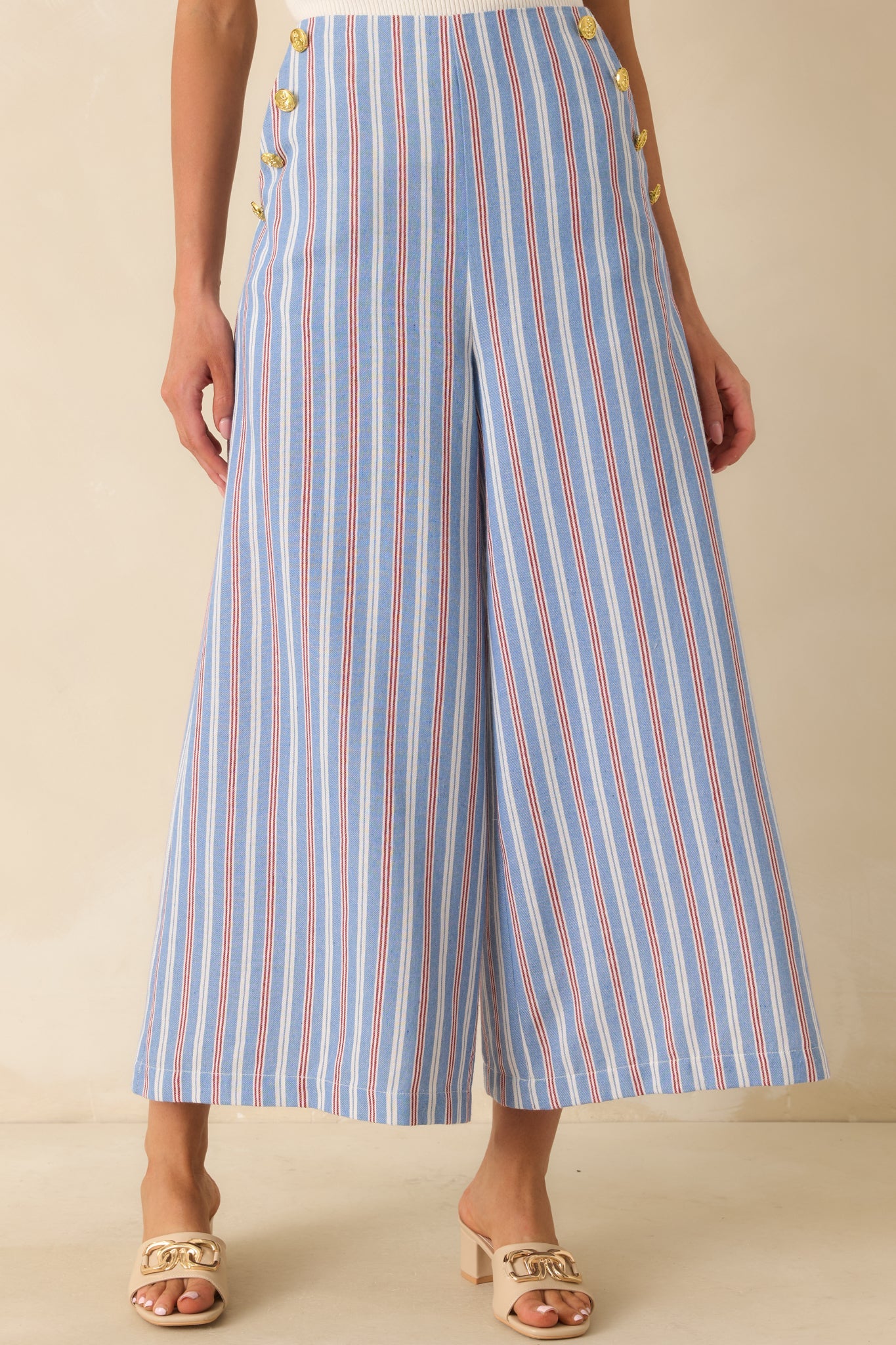 Prosperina Deitrich Blue & Red Stripe Wide Leg Cotton Blend Pants