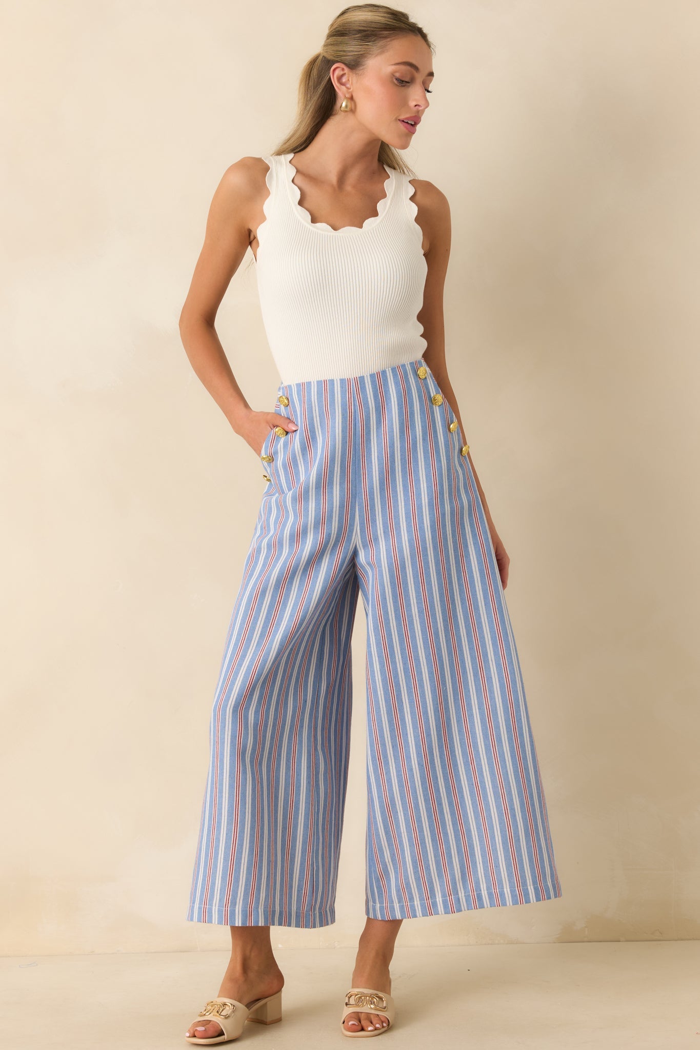 Prosperina Deitrich Blue & Red Stripe Wide Leg Cotton Blend Pants
