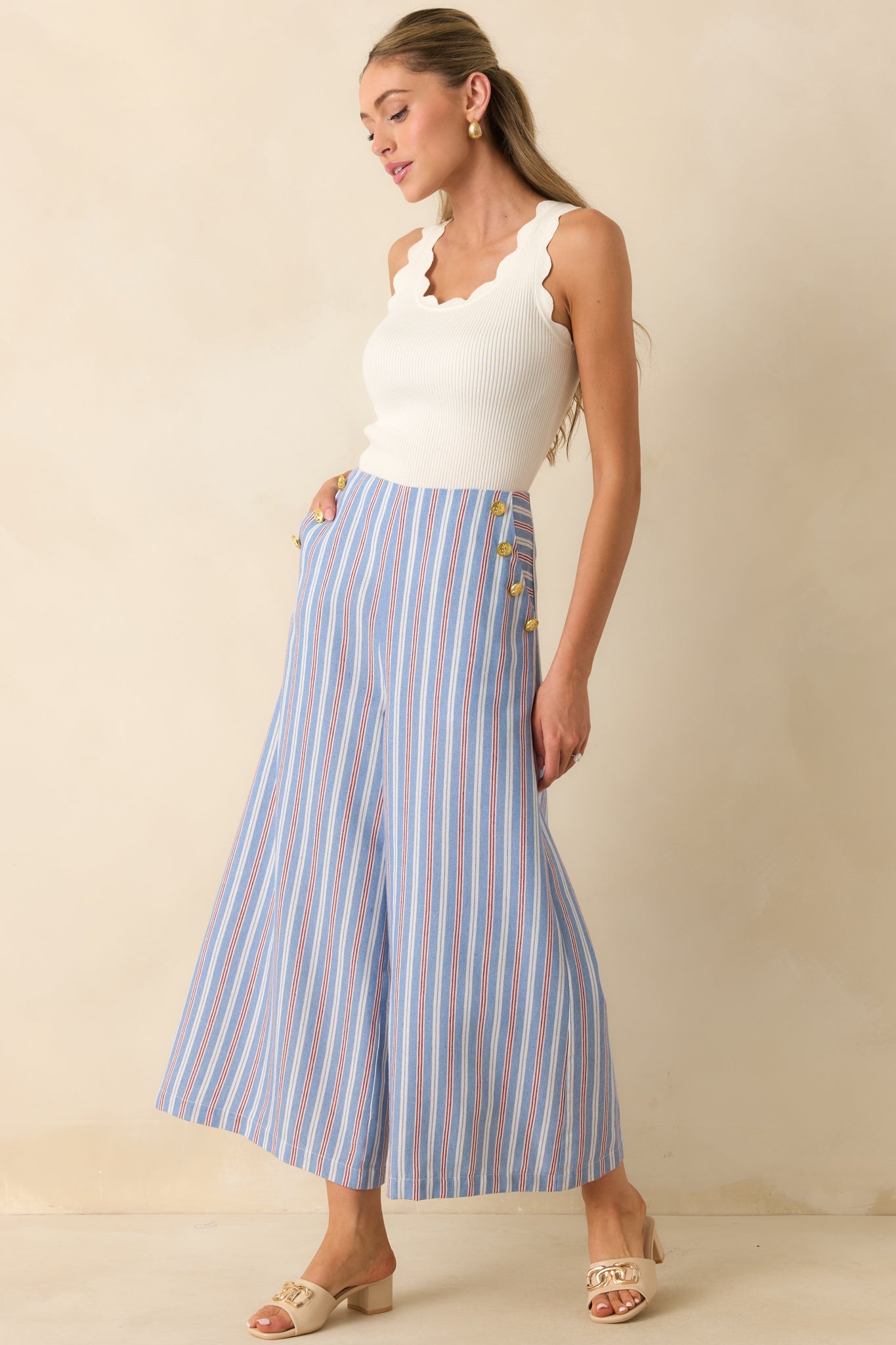 Prosperina Deitrich Blue & Red Stripe Wide Leg Cotton Blend Pants