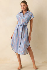 Prosperina Jules Blue & Red Stripe Cotton Midi Shirt Dress