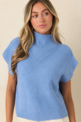 Cool Intentions Blue Ribbed Knit Mockneck Cap Sleeve Sweater