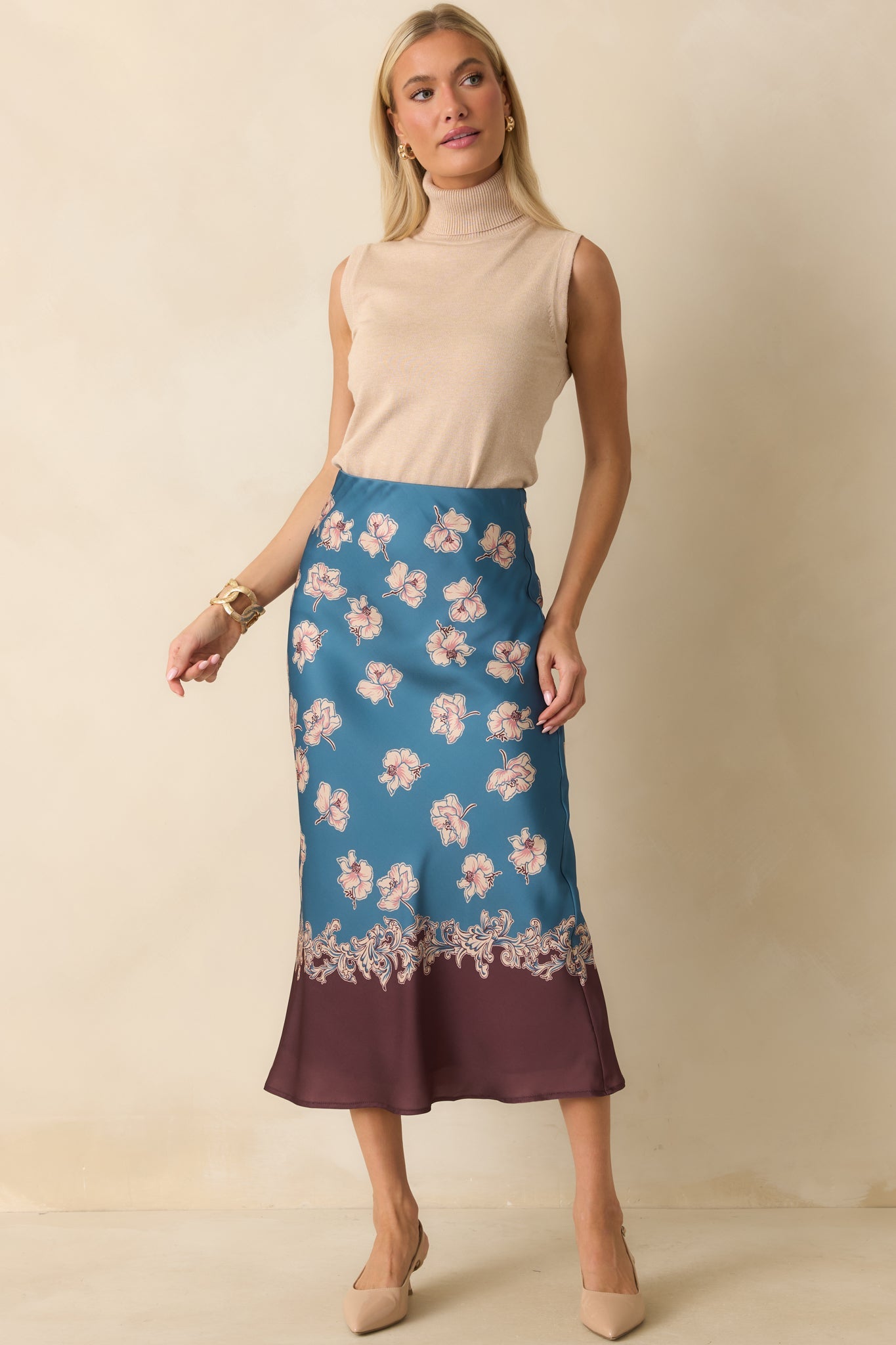 Don't Hold Back Blue Multi Floral Print Satin Maxi Skirt