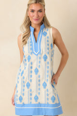 Seaside Dreaming Blue Embroidered Contrast Trim Mini Shift Dress