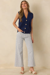 Where Shell We Meet Navy Blue Knit & Gold Shell Button Up Sweater Vest