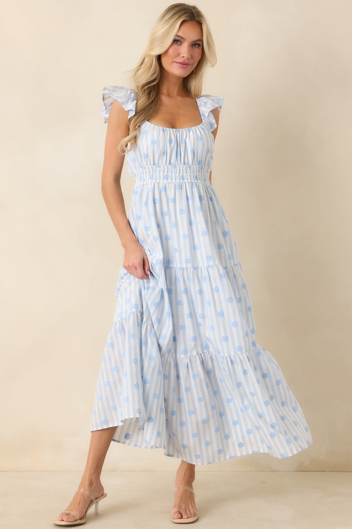 Meadow Mornings Blue Stripe Floral Embroidered Cotton Maxi Dress