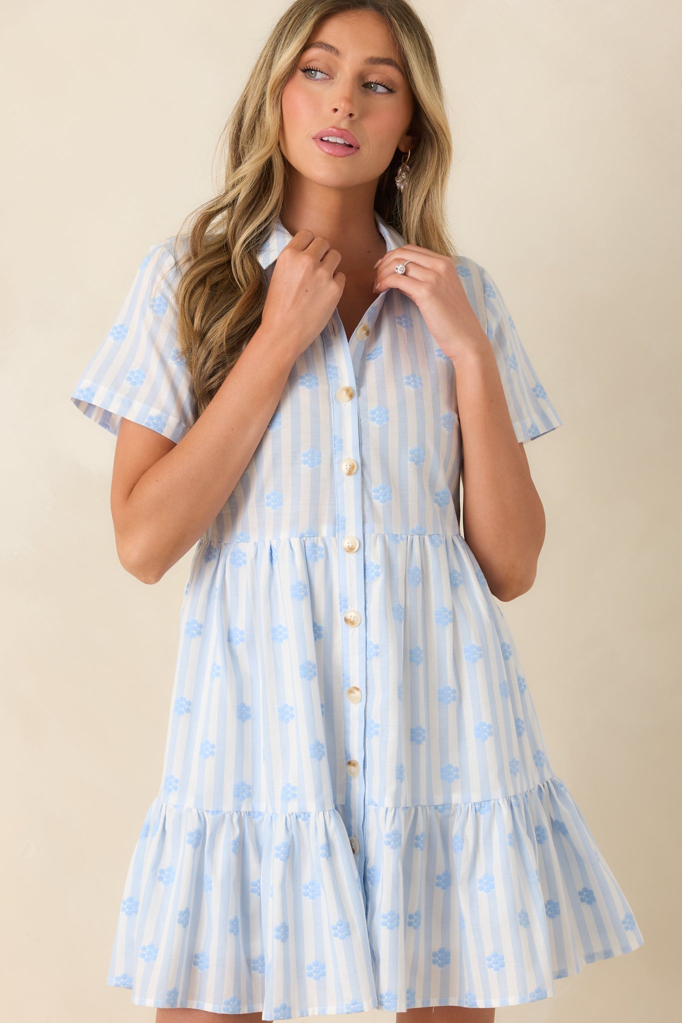 Market Days Blue Stripe Floral Embroidered Cotton Mini Dress
