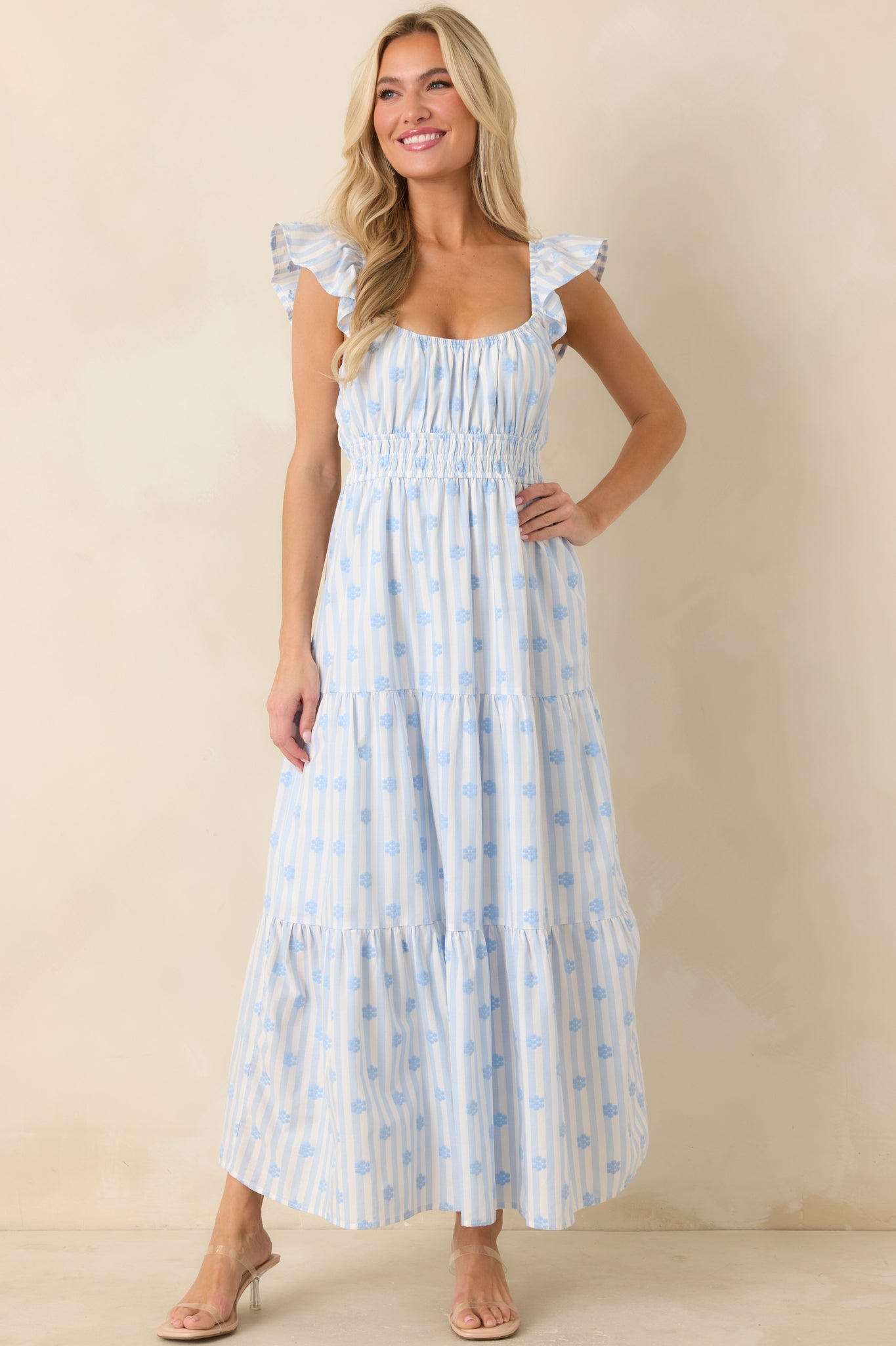 Meadow Mornings Blue Stripe Floral Embroidered Cotton Maxi Dress
