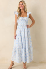 Meadow Mornings Blue Stripe Floral Embroidered Cotton Maxi Dress