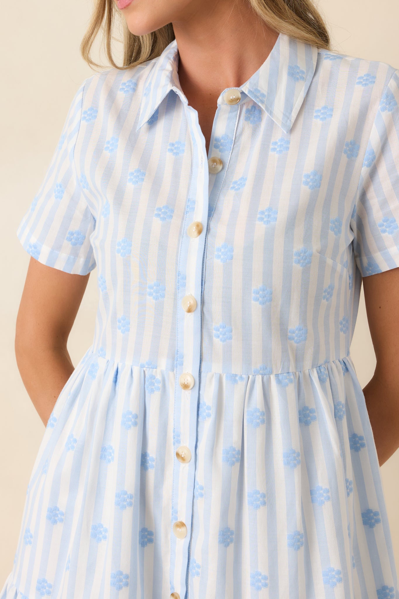 Market Days Blue Stripe Floral Embroidered Cotton Mini Dress