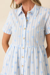 Market Days Blue Stripe Floral Embroidered Cotton Mini Dress