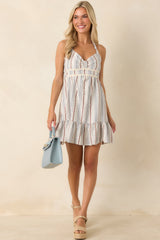 Roses by the Window Ivory Multi Floral Stripe Halter Mini Dress