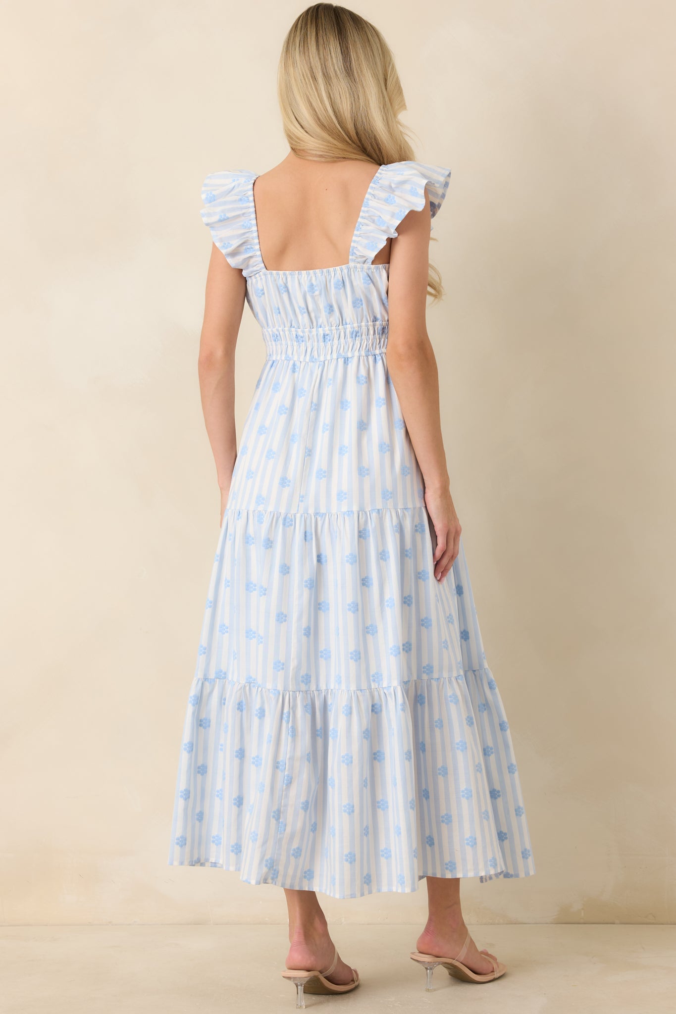 Meadow Mornings Blue Stripe Floral Embroidered Cotton Maxi Dress