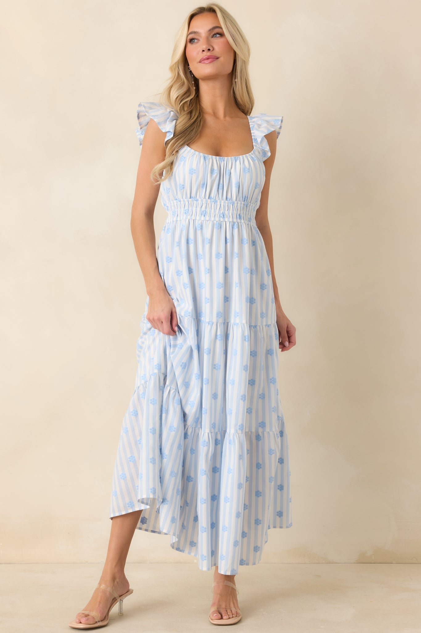 Meadow Mornings Blue Stripe Floral Embroidered Cotton Maxi Dress