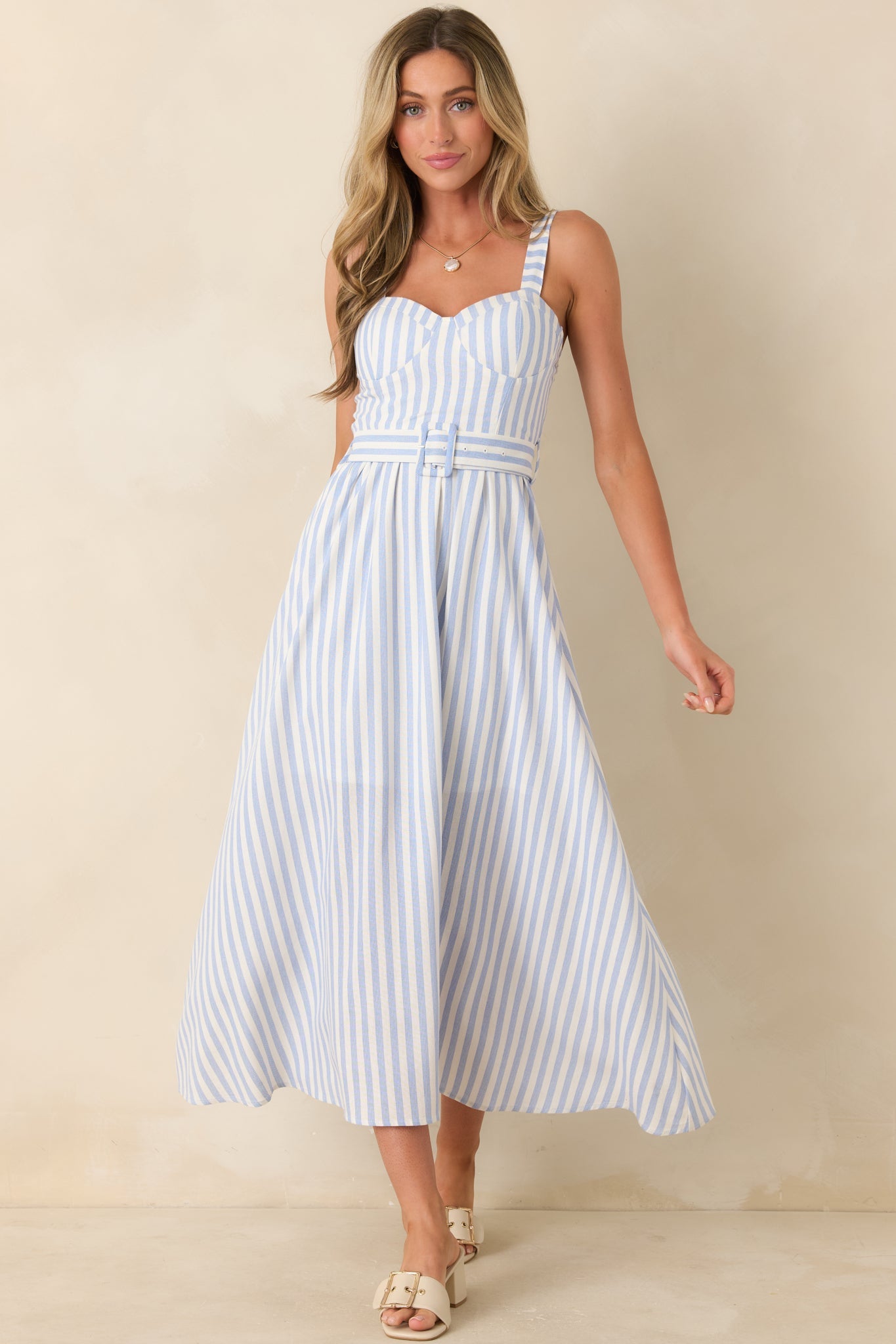 Already Thinking About It Blue Stripe Belted Bustier Midi Dress