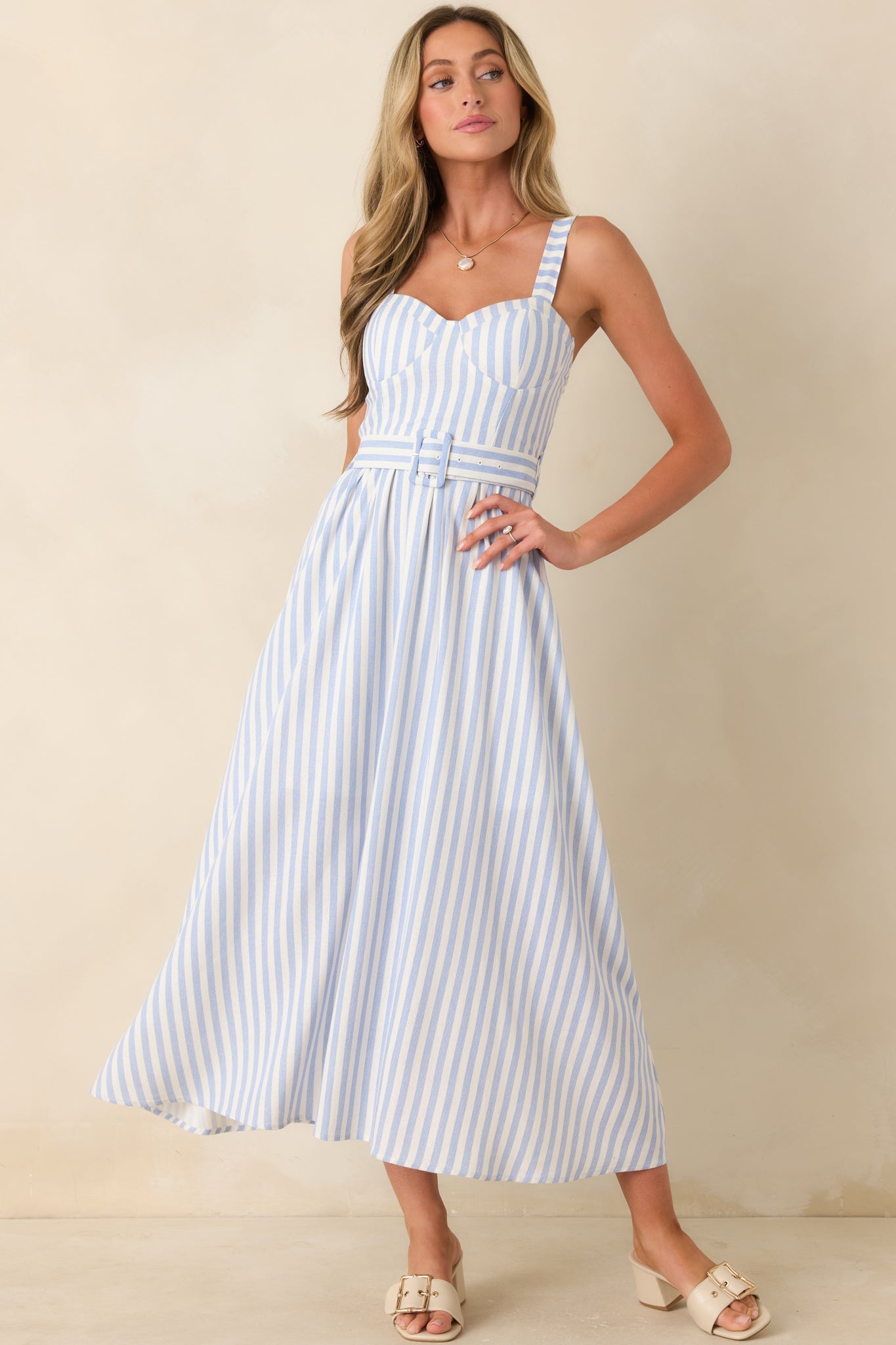 Already Thinking About It Blue Stripe Belted Bustier Midi Dress