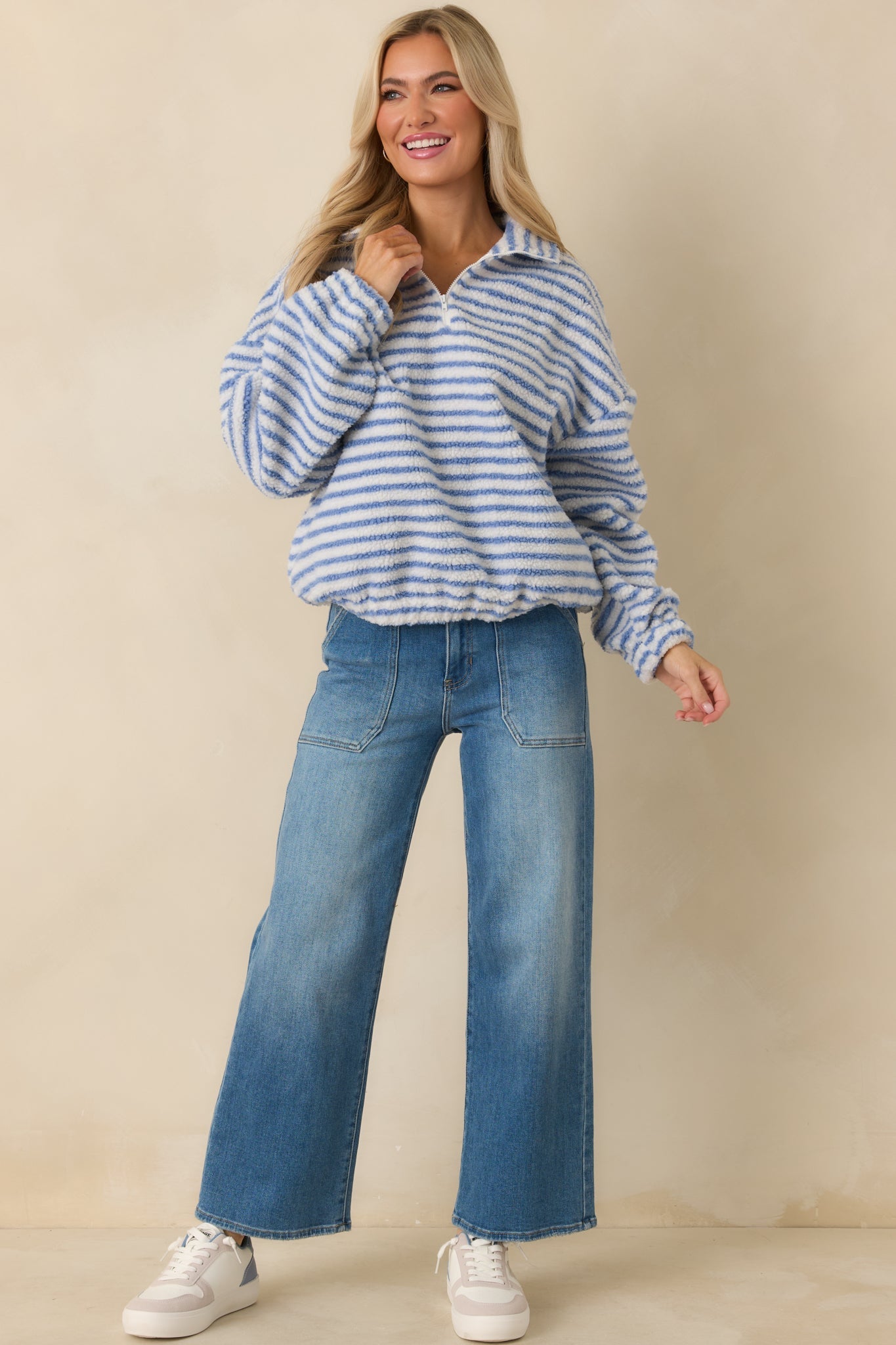 In the Clear Blue Stripe Bouclé Quarter-Zip Pullover