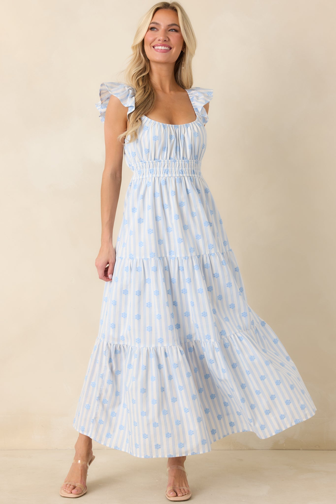 Meadow Mornings Blue Stripe Floral Embroidered Cotton Maxi Dress