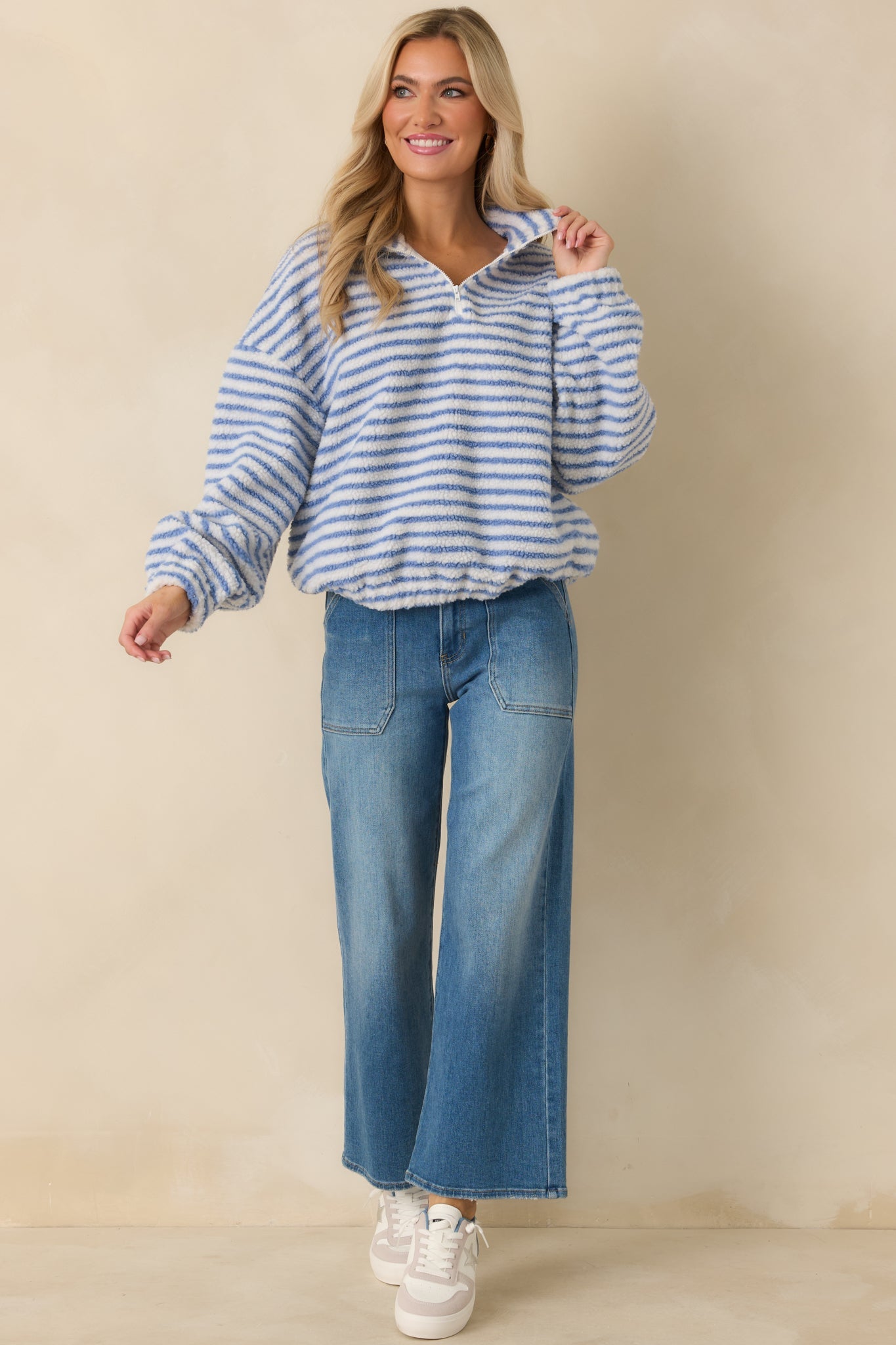 In the Clear Blue Stripe Bouclé Quarter-Zip Pullover