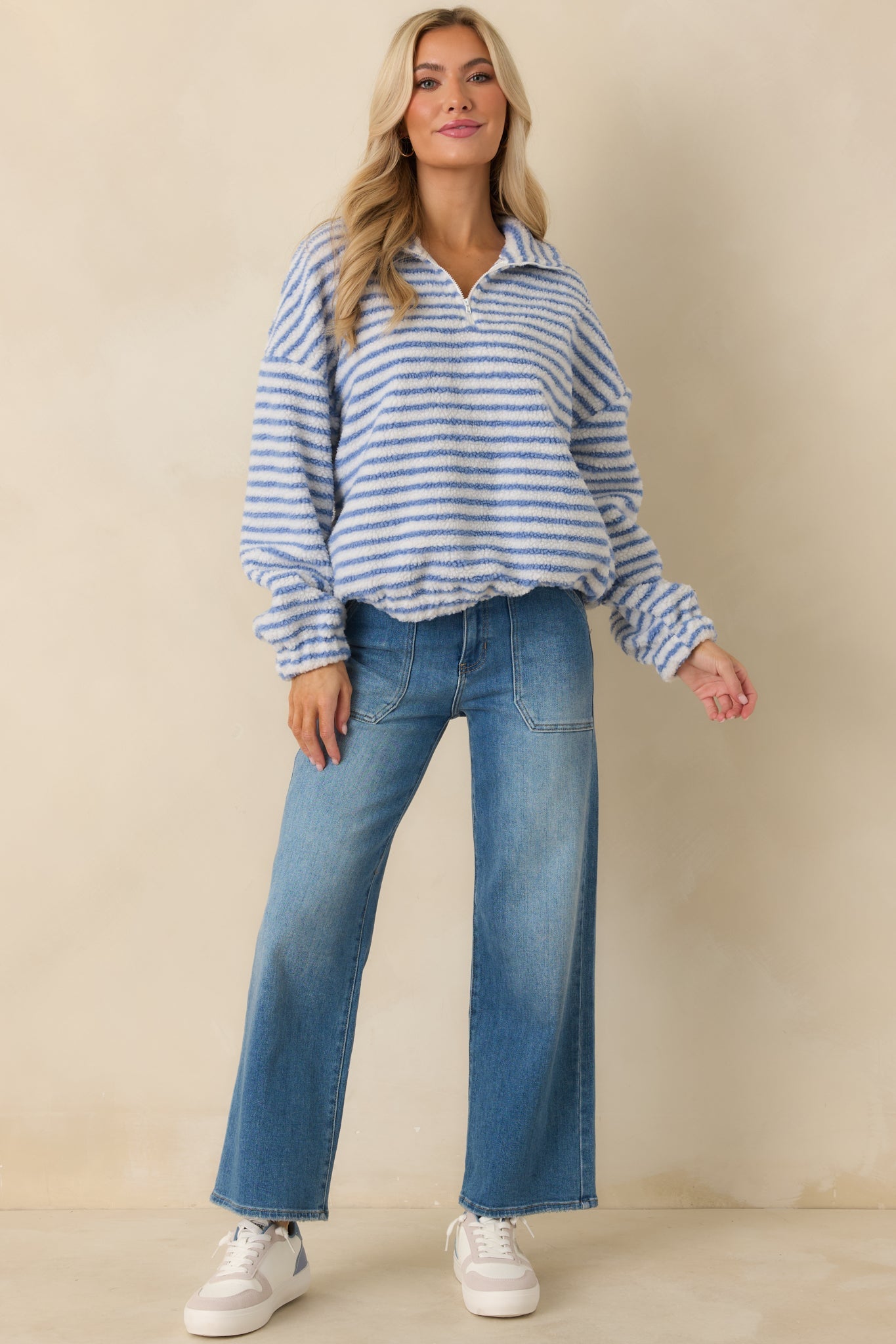 In the Clear Blue Stripe Bouclé Quarter-Zip Pullover