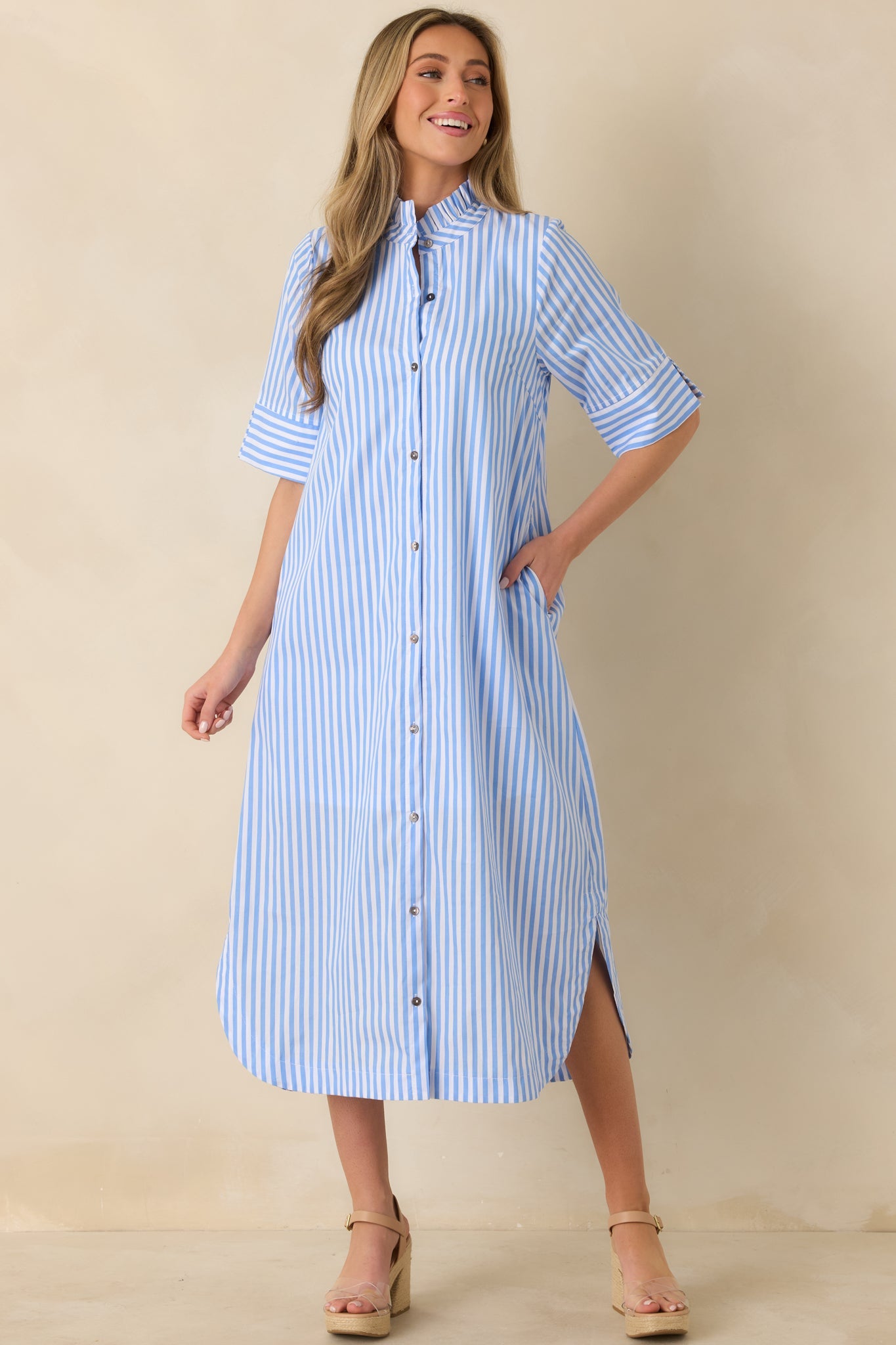 In Perfect Order Blue Stripe Button Front Ruffle Collar Midi Shirt Dress