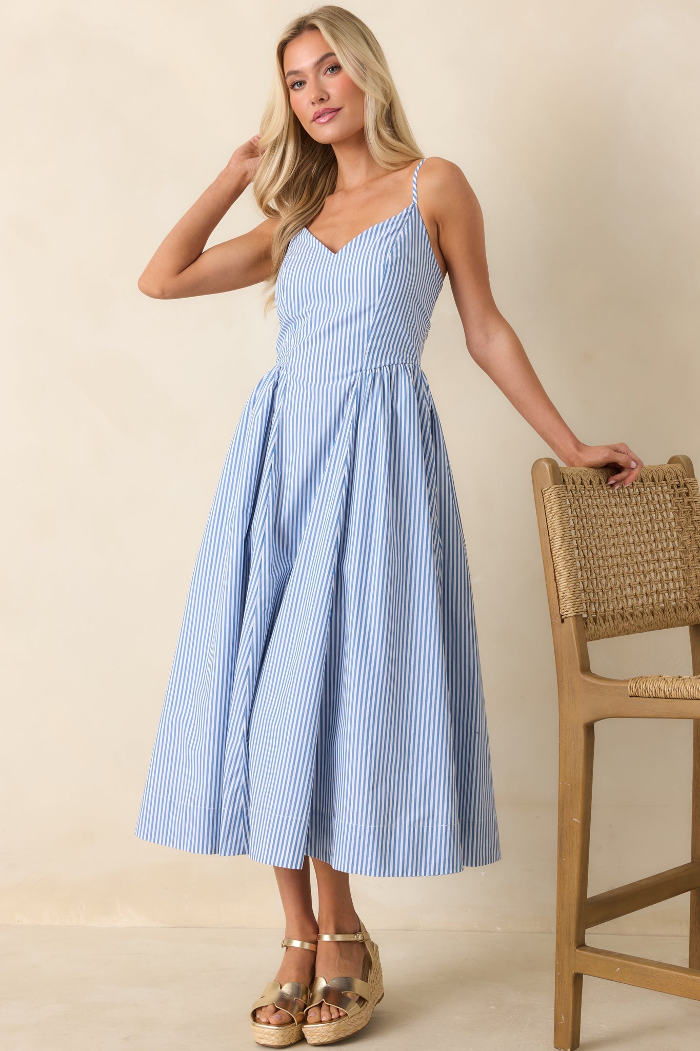 Weekend on the Coast Blue Stripe Sleeveless Midi Dress