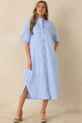 In Perfect Order Blue Stripe Button Front Ruffle Collar Midi Shirt Dress