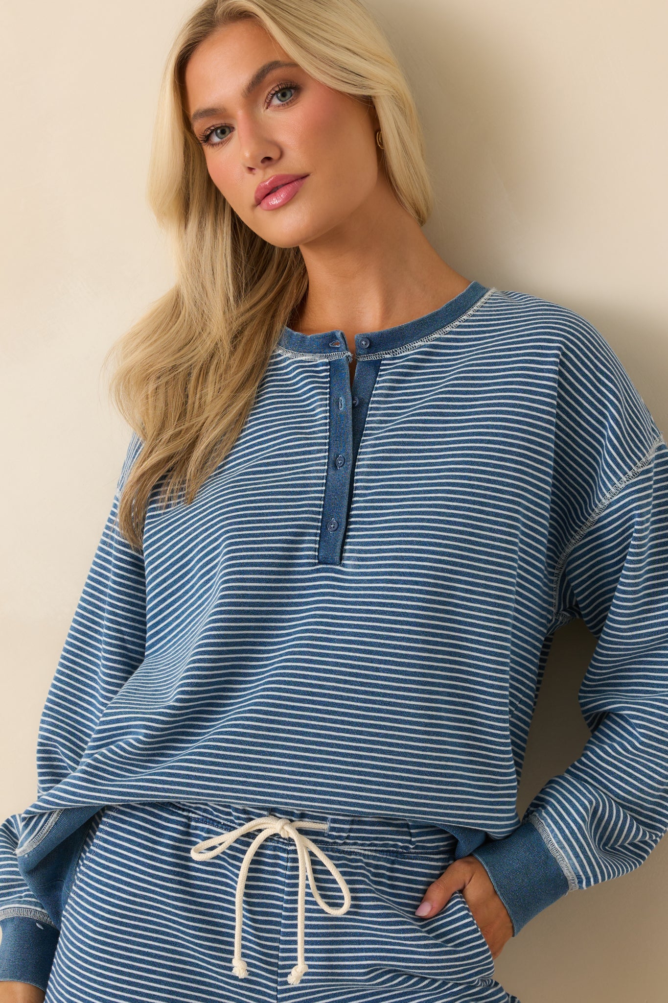 Z Supply Blue Cotton Apollo Knit Denim Striped Sweatshirt