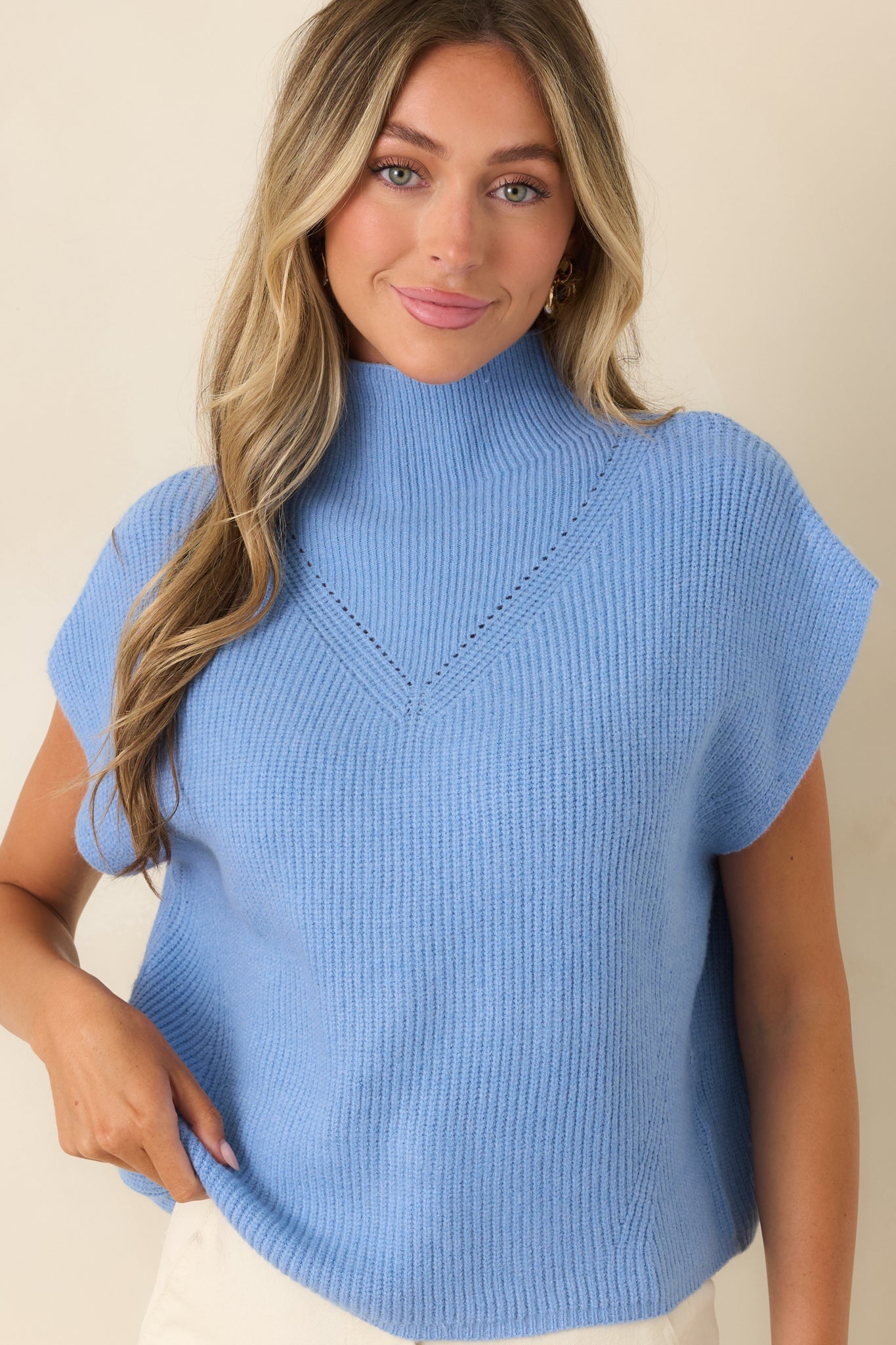 Cool Intentions Blue Ribbed Knit Mockneck Cap Sleeve Sweater