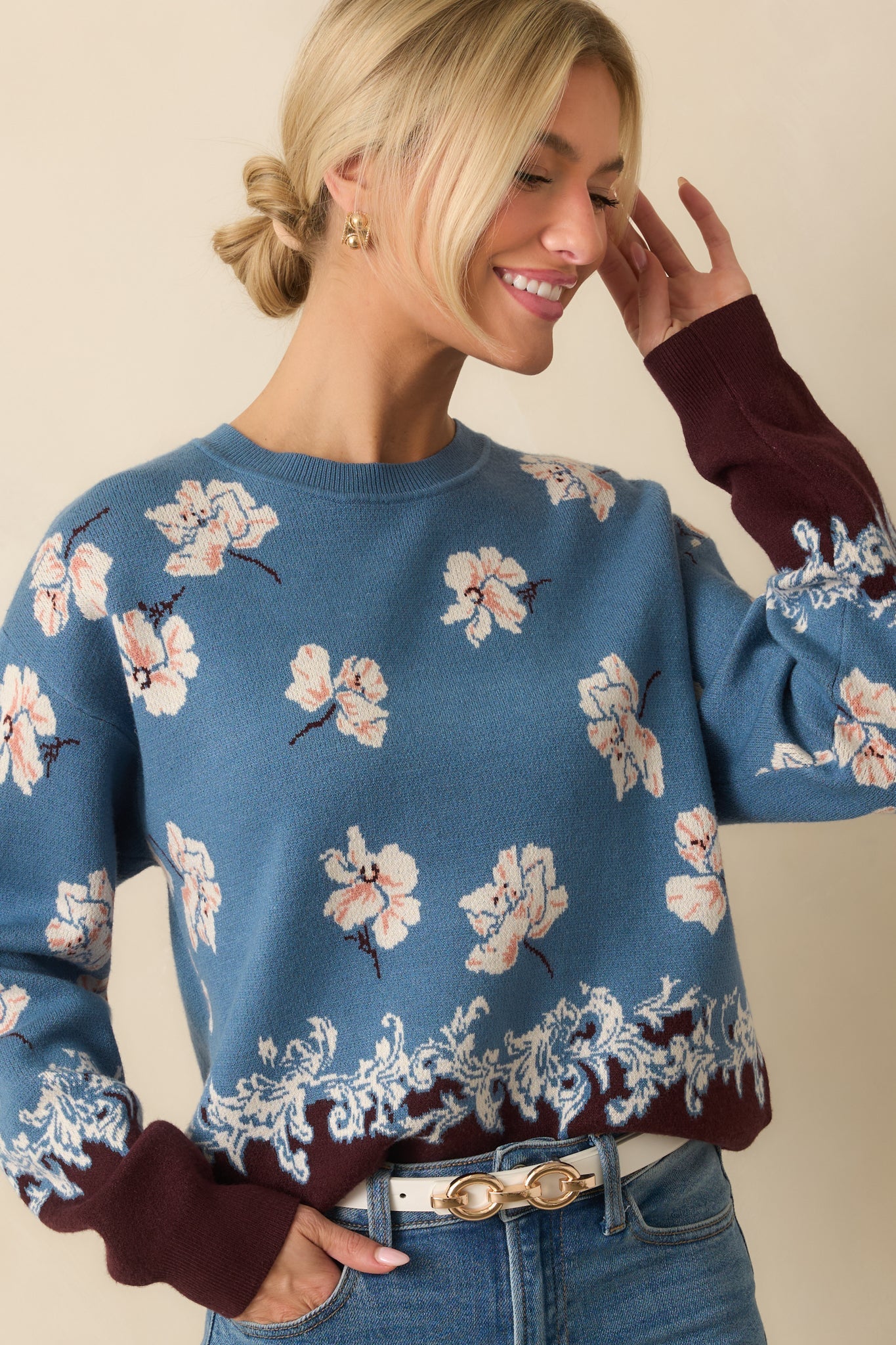 That's How I See It Blue Multi Floral Jacquard Knit Sweater