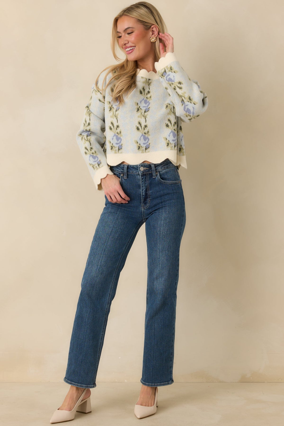 Petal Promises Blue Floral Knit Scallop Edge Sweater