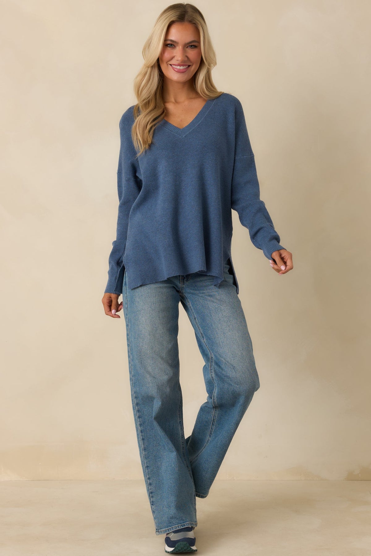 Cozy Afternoon Heather Blue V-Neck Sweater