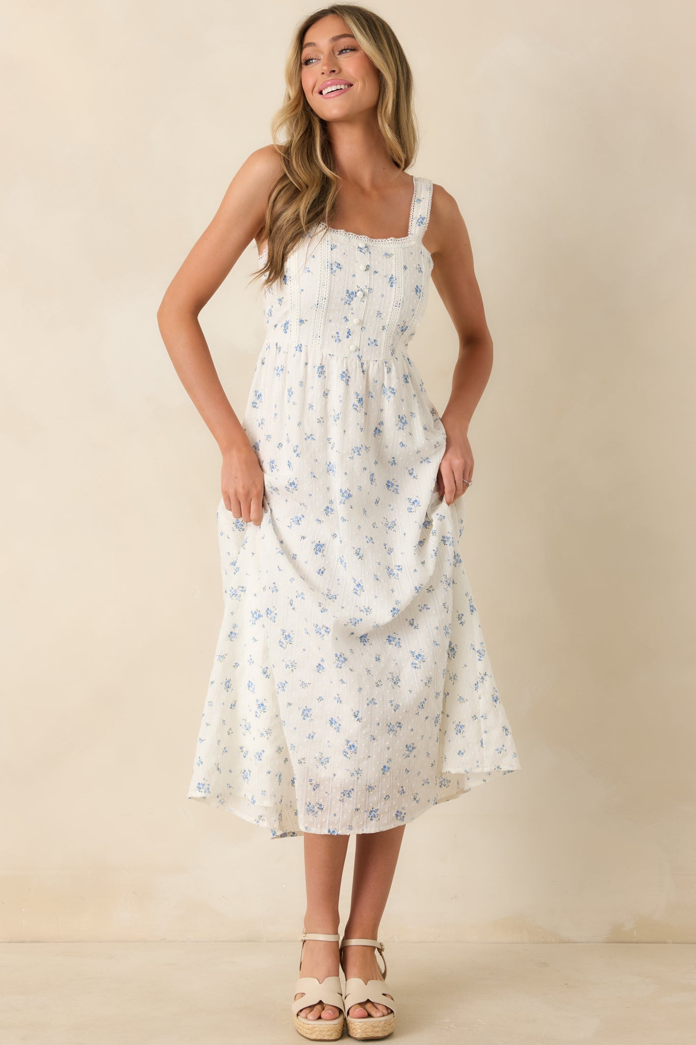 Forget Me Not Blue Floral Cotton Swiss Dot Prairie Midi Dress