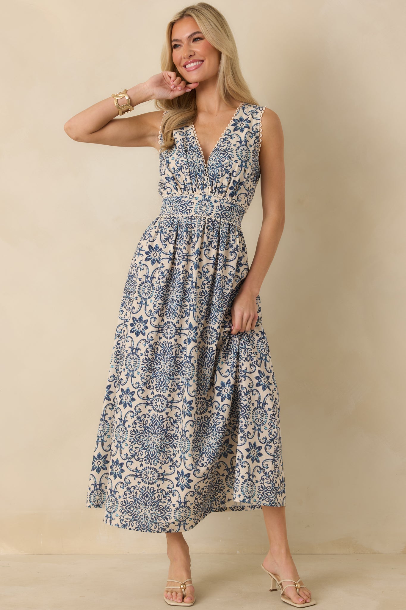 A Lovely Escape Blue Tile Print Linen Blend Sleeveless Maxi Dress