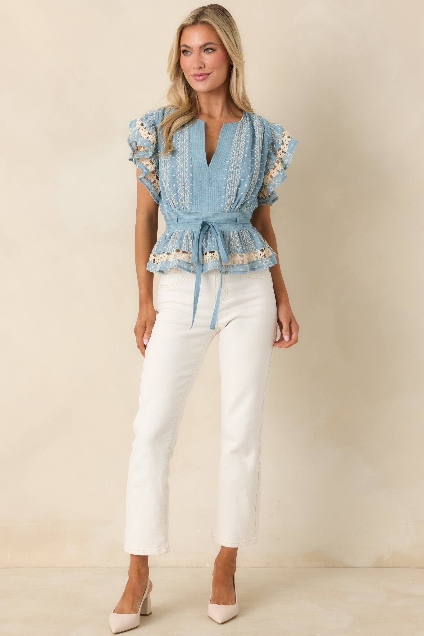 Soft Serenity Blue Flutter Sleeve Peplum Top